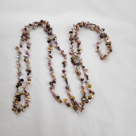 Long Strand Golden green Pink Keshi Pearl Necklace Artisan Genuine 34" Triple - Picture 2 of 11
